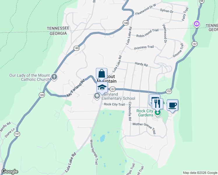 map of restaurants, bars, coffee shops, grocery stores, and more near in Lookout Mountain
