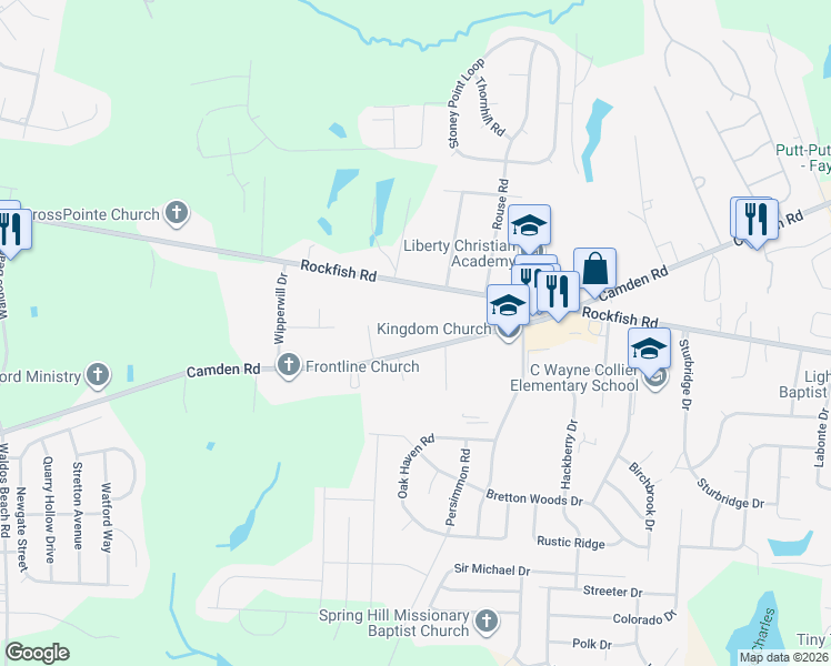 map of restaurants, bars, coffee shops, grocery stores, and more near 6610 Camden Road in Fayetteville