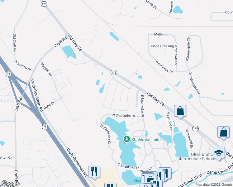 map of restaurants, bars, coffee shops, grocery stores, and more near 7949 Allenwood Lane in Olive Branch