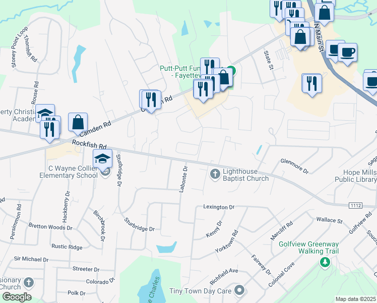 map of restaurants, bars, coffee shops, grocery stores, and more near 3518 South Peak Drive in Fayetteville