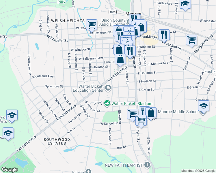 map of restaurants, bars, coffee shops, grocery stores, and more near 405 Lancaster Avenue in Monroe