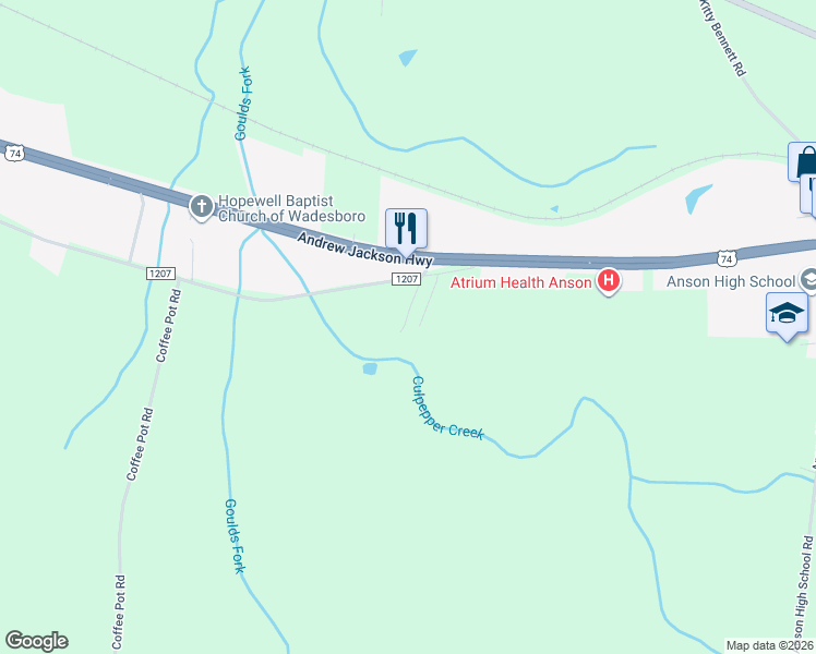 map of restaurants, bars, coffee shops, grocery stores, and more near 131 Arrowood Road in Wadesboro