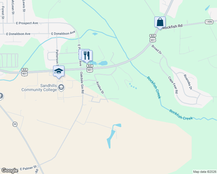 map of restaurants, bars, coffee shops, grocery stores, and more near 323 Somerset Drive in Raeford