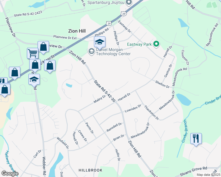 map of restaurants, bars, coffee shops, grocery stores, and more near 180 Buckstone Lane in Spartanburg