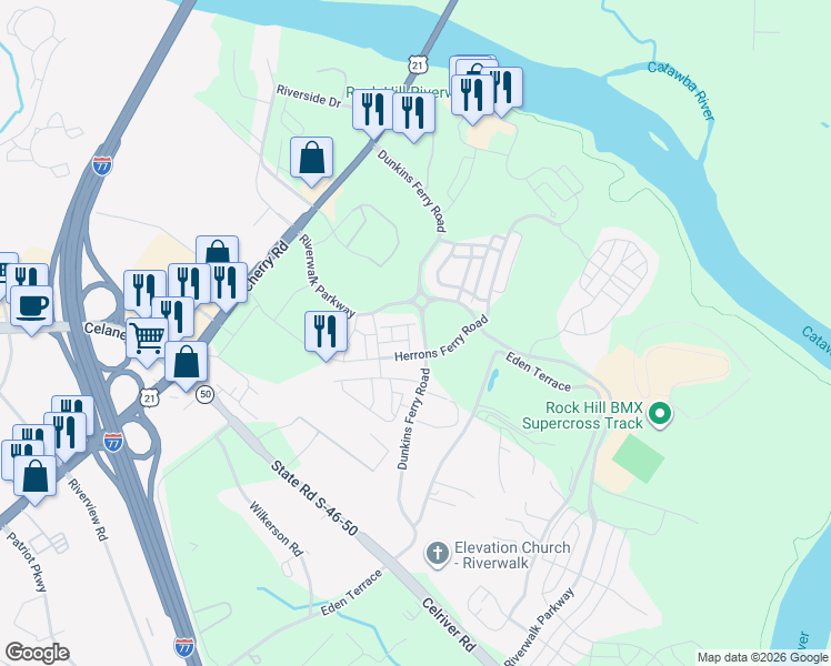 map of restaurants, bars, coffee shops, grocery stores, and more near 1094 Riverwalk Parkway in Rock Hill