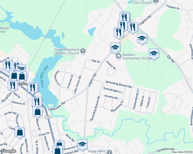 map of restaurants, bars, coffee shops, grocery stores, and more near 4629 Legion Road in Hope Mills