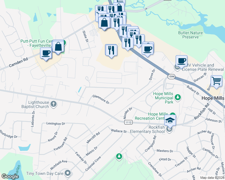 map of restaurants, bars, coffee shops, grocery stores, and more near 5834-5838 Hunting Ridge Road in Hope Mills