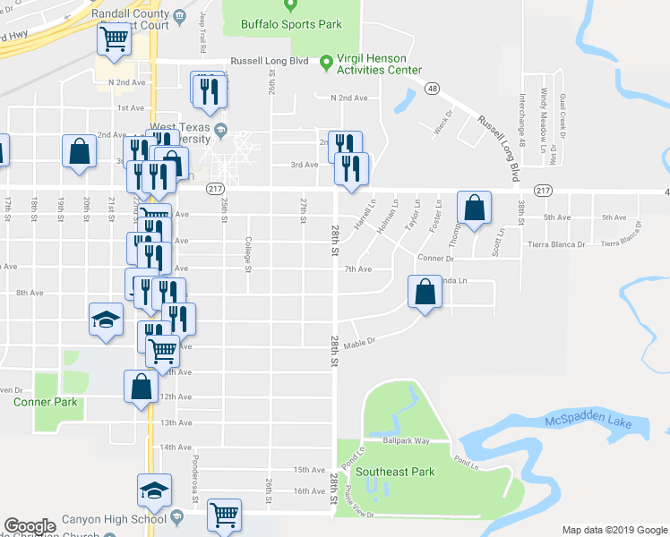 map of restaurants, bars, coffee shops, grocery stores, and more near 2805 7th Avenue in Canyon