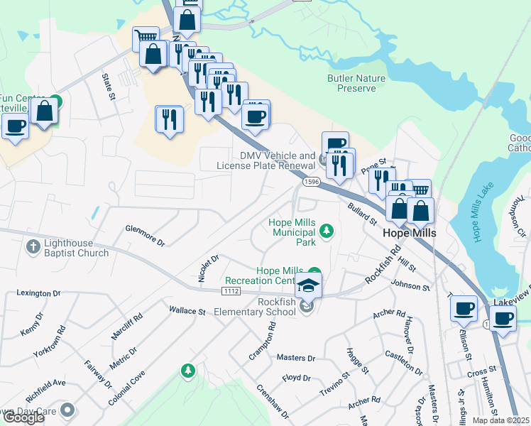 map of restaurants, bars, coffee shops, grocery stores, and more near 5728 Sagamore Road in Hope Mills