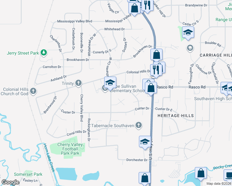 map of restaurants, bars, coffee shops, grocery stores, and more near 1768 Northfield Drive in Southaven