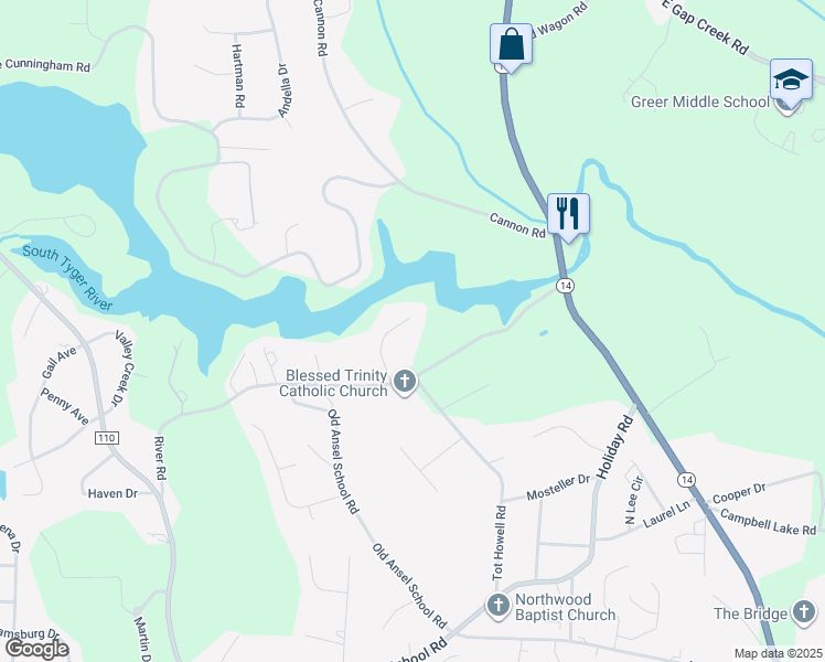 map of restaurants, bars, coffee shops, grocery stores, and more near 20 Cunningham Point Court in Greer