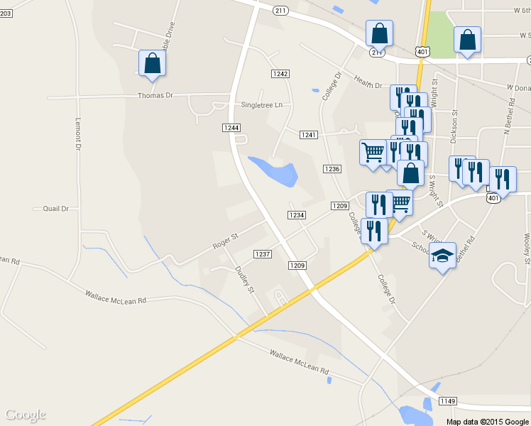 map of restaurants, bars, coffee shops, grocery stores, and more near 398 West Palmer Street in Raeford