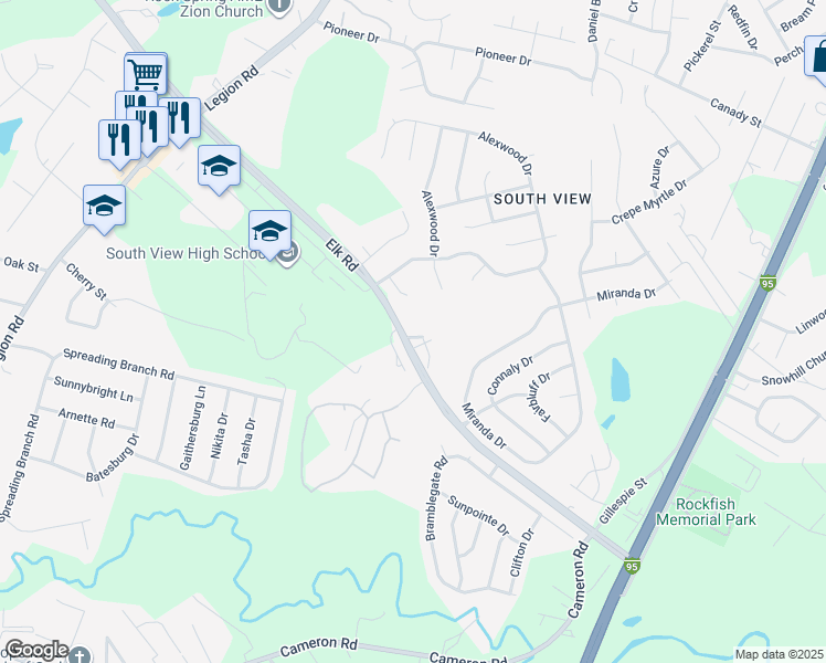 map of restaurants, bars, coffee shops, grocery stores, and more near 401 Meadowland Court in Hope Mills