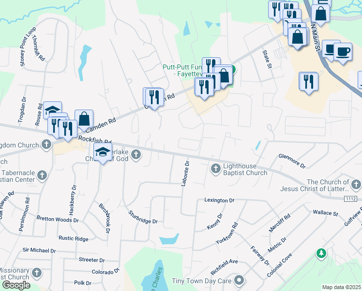 map of restaurants, bars, coffee shops, grocery stores, and more near 3536 South Peak Drive in Fayetteville