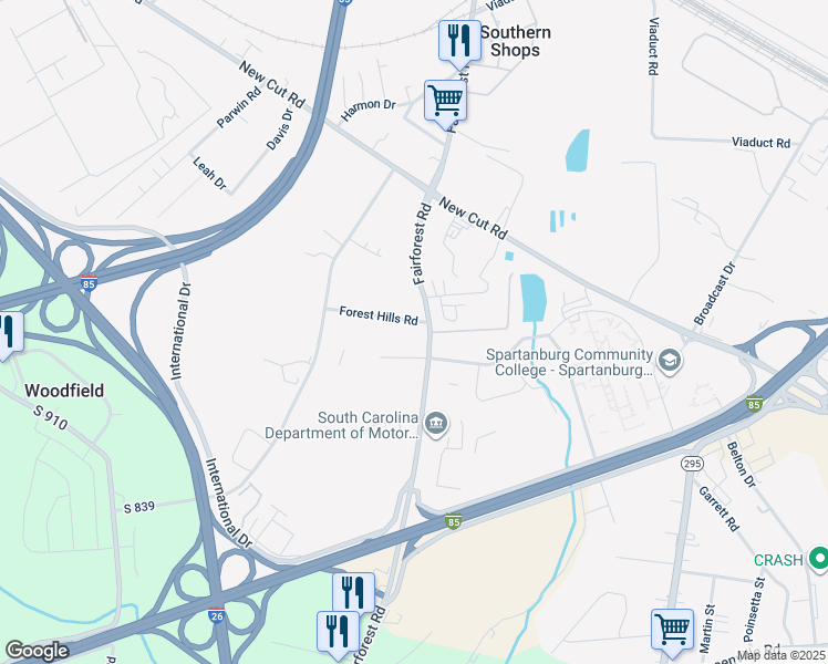 map of restaurants, bars, coffee shops, grocery stores, and more near 8711 Fairforest Road in Spartanburg