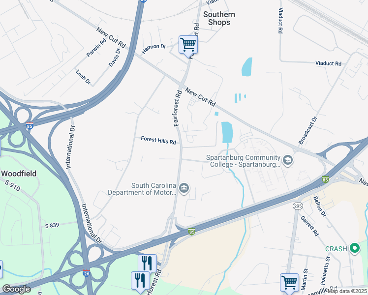 map of restaurants, bars, coffee shops, grocery stores, and more near 8711 Fairforest Road in Spartanburg