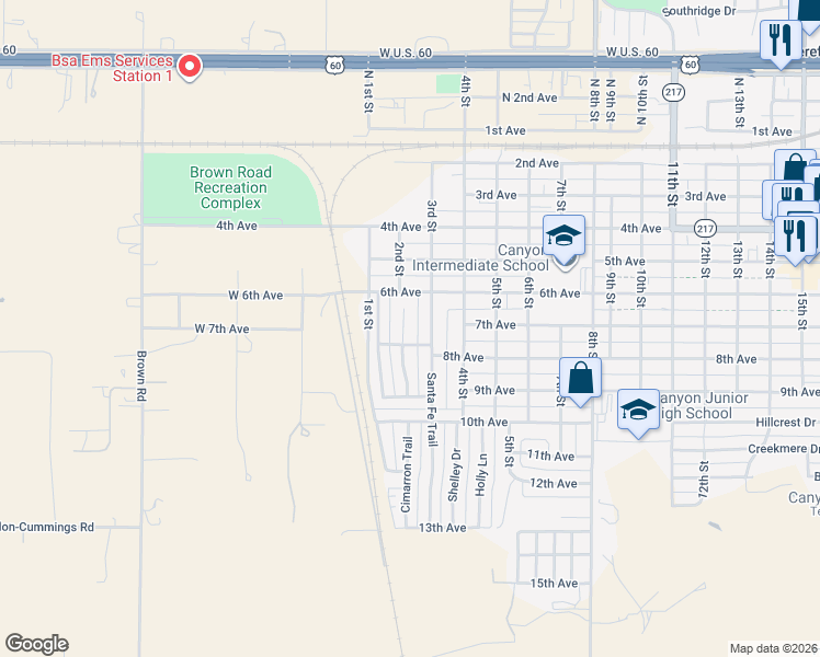 map of restaurants, bars, coffee shops, grocery stores, and more near 606 Butterfield Trail in Canyon