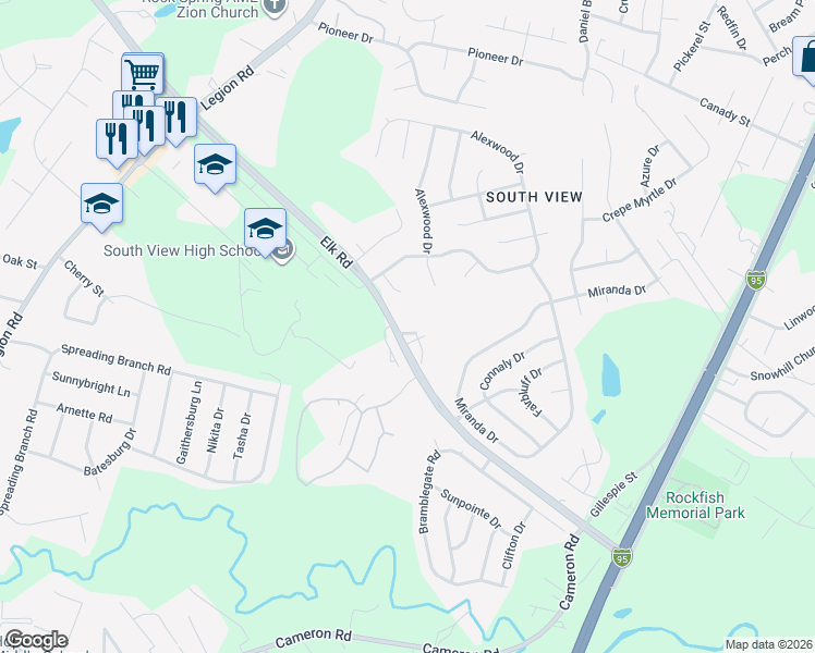 map of restaurants, bars, coffee shops, grocery stores, and more near 401 Meadowland Court in Hope Mills