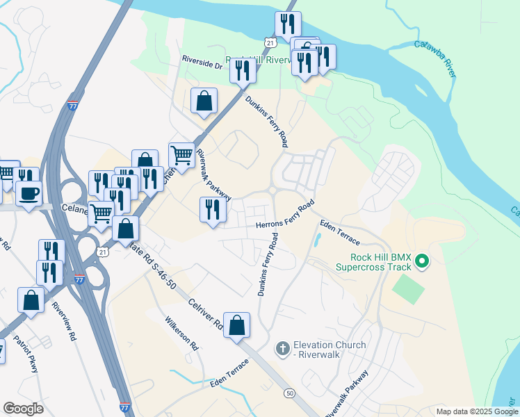 map of restaurants, bars, coffee shops, grocery stores, and more near 1050 Riverwalk Parkway in Rock Hill