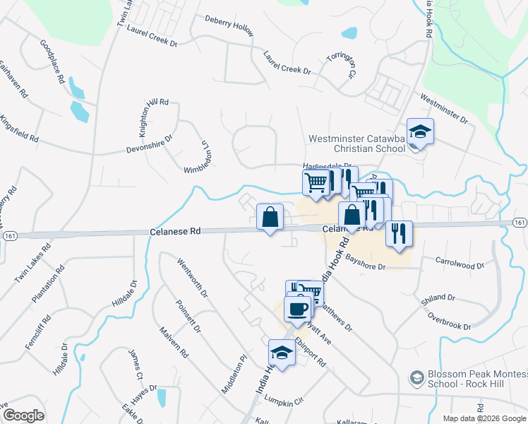 map of restaurants, bars, coffee shops, grocery stores, and more near 604 Warrington Place in Rock Hill
