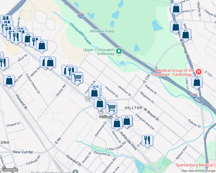 map of restaurants, bars, coffee shops, grocery stores, and more near 782 Jackson Street in Spartanburg