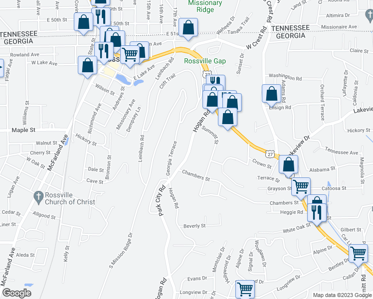 map of restaurants, bars, coffee shops, grocery stores, and more near 133 Hogan Road in Rossville