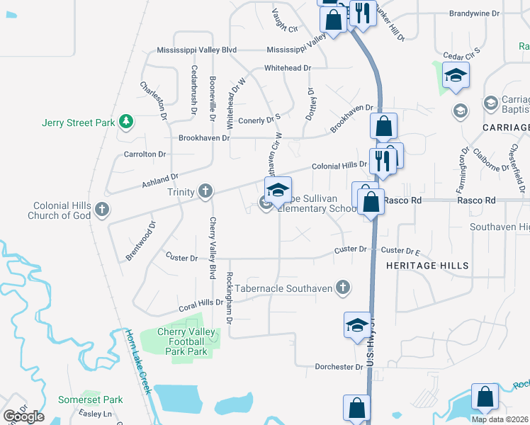 map of restaurants, bars, coffee shops, grocery stores, and more near 7985 Southaven Circle West in Southaven