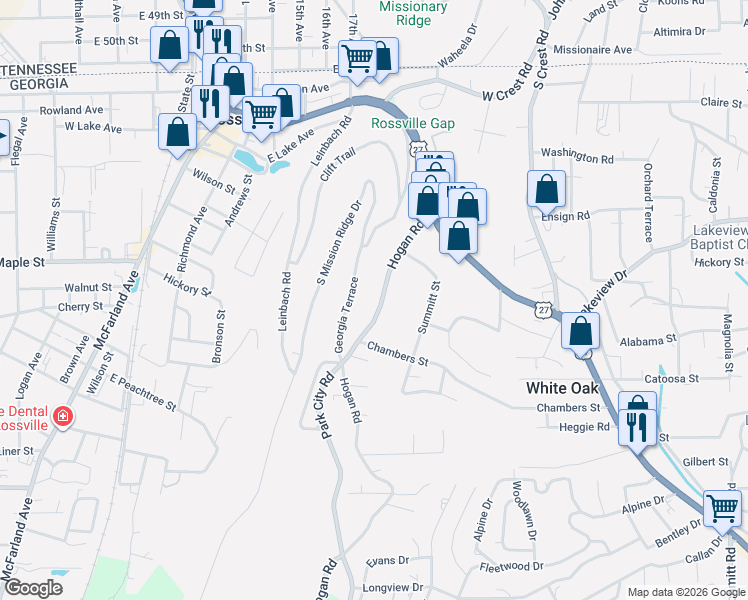 map of restaurants, bars, coffee shops, grocery stores, and more near 131 Hogan Road in Rossville