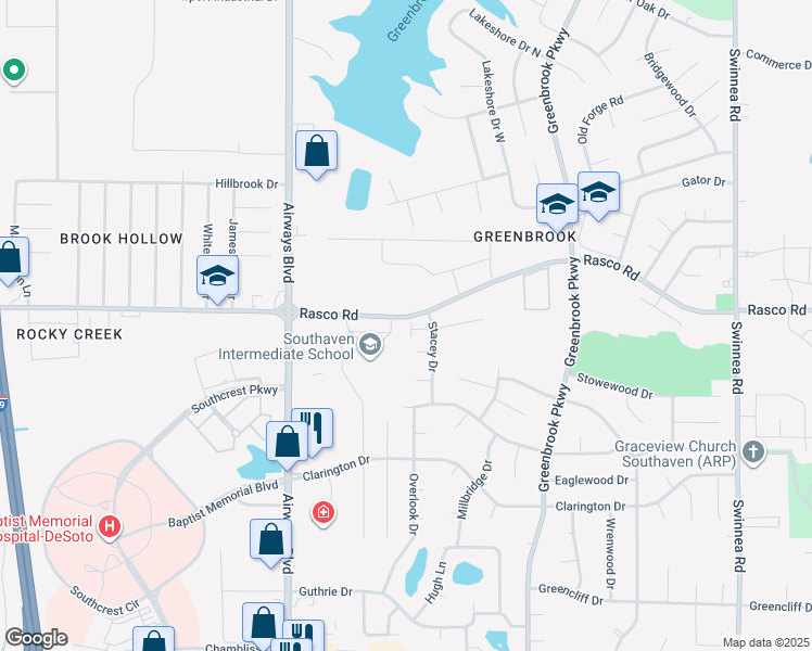 map of restaurants, bars, coffee shops, grocery stores, and more near 7839 Cayleb Lane in Southaven