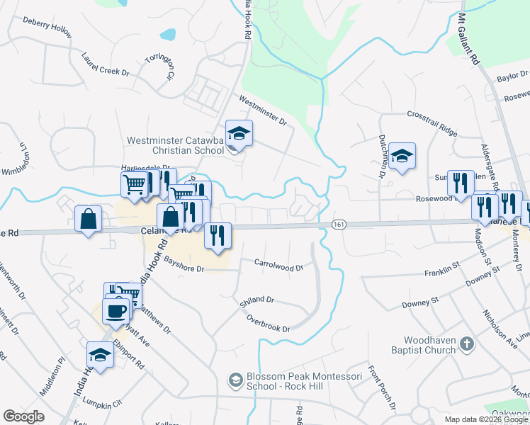 map of restaurants, bars, coffee shops, grocery stores, and more near 2608 Celanese Road in Rock Hill