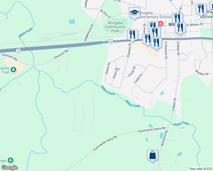 map of restaurants, bars, coffee shops, grocery stores, and more near 224 Diane Street in Wingate