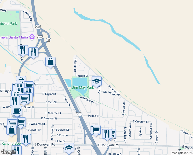 map of restaurants, bars, coffee shops, grocery stores, and more near 838 Borges Drive in Santa Maria