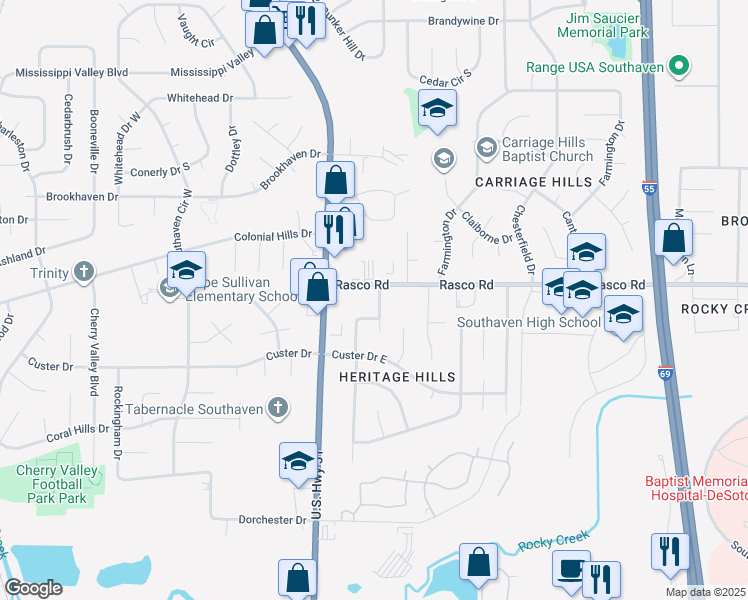 map of restaurants, bars, coffee shops, grocery stores, and more near 7957 Milestone Drive in Southaven