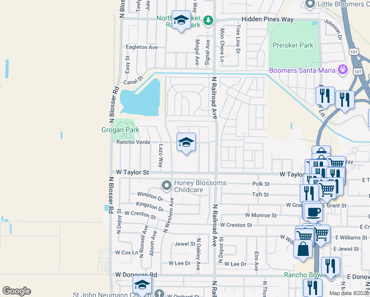 map of restaurants, bars, coffee shops, grocery stores, and more near 930 Rancho Verde in Santa Maria