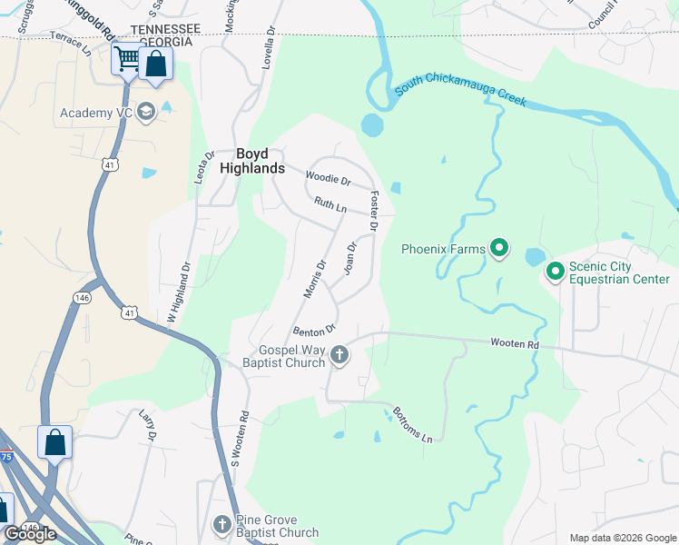 map of restaurants, bars, coffee shops, grocery stores, and more near 49 Joan Drive in Ringgold