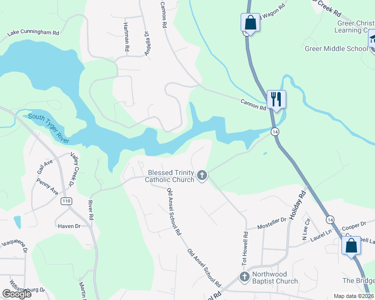 map of restaurants, bars, coffee shops, grocery stores, and more near 17 Cunningham Point Court in Greer