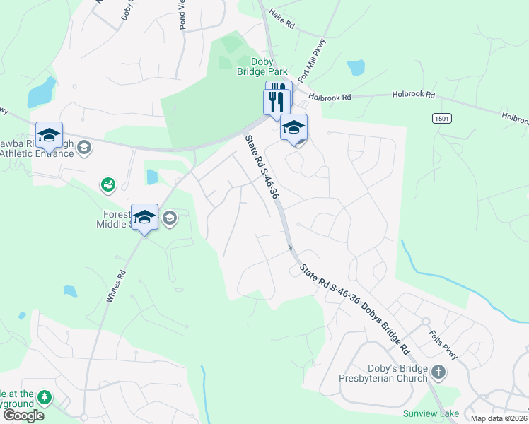 map of restaurants, bars, coffee shops, grocery stores, and more near 1129 Bontrager Trail in Fort Mill