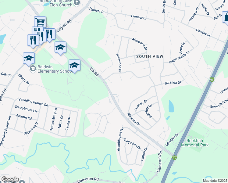 map of restaurants, bars, coffee shops, grocery stores, and more near 401 Meadowland Court in Hope Mills
