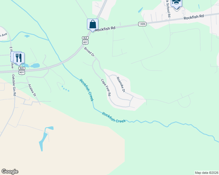 map of restaurants, bars, coffee shops, grocery stores, and more near 526 Broad Drive in Raeford