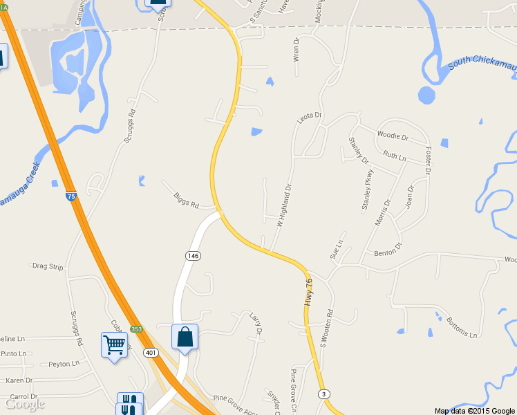 map of restaurants, bars, coffee shops, grocery stores, and more near 63 Highland Terrace in Ringgold
