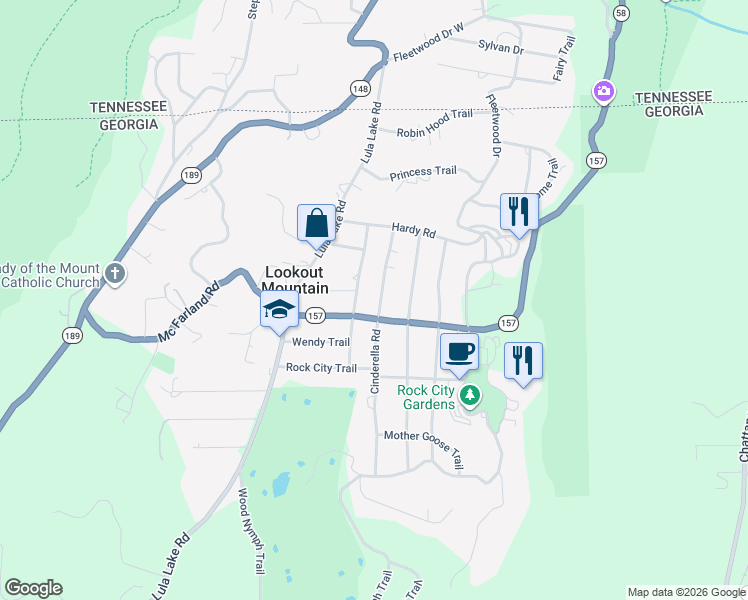 map of restaurants, bars, coffee shops, grocery stores, and more near 1208 Cinderella Road in Lookout Mountain