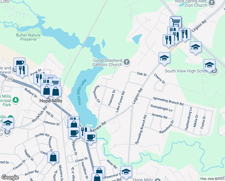 map of restaurants, bars, coffee shops, grocery stores, and more near 5458 Thompson Circle in Hope Mills