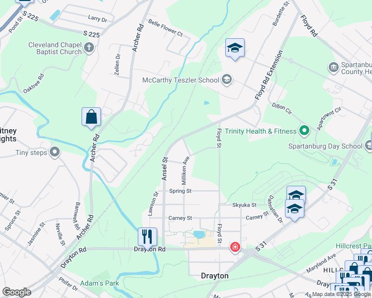 map of restaurants, bars, coffee shops, grocery stores, and more near 115 Lark Lane in Spartanburg