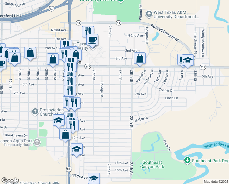 map of restaurants, bars, coffee shops, grocery stores, and more near 2605 7th Avenue in Canyon