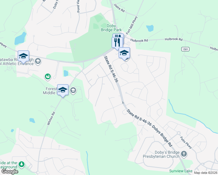map of restaurants, bars, coffee shops, grocery stores, and more near 1129 Bontrager Trail in Fort Mill