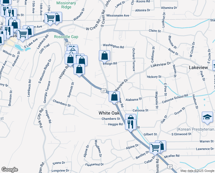 map of restaurants, bars, coffee shops, grocery stores, and more near 1404 South Crest Road in Rossville