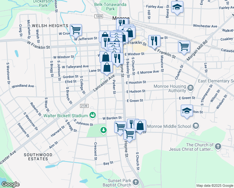 map of restaurants, bars, coffee shops, grocery stores, and more near 509 Parker Street in Monroe