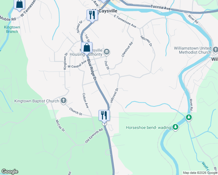 map of restaurants, bars, coffee shops, grocery stores, and more near 633 1st Street in McCaysville