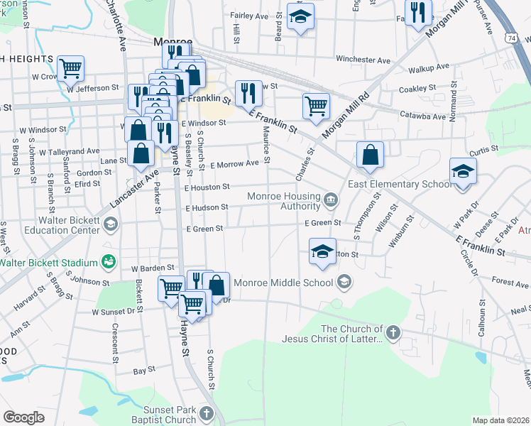 map of restaurants, bars, coffee shops, grocery stores, and more near 508 Maurice Street in Monroe