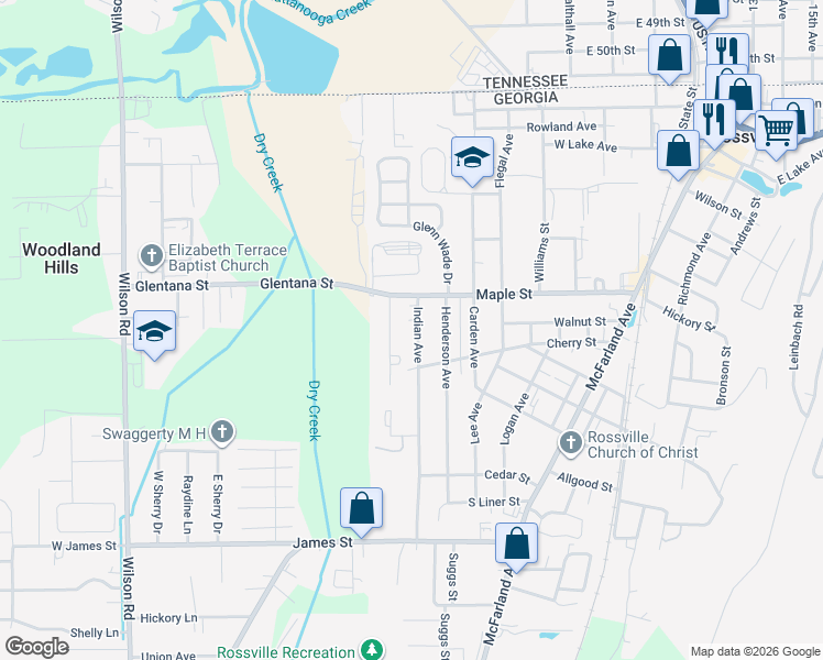 map of restaurants, bars, coffee shops, grocery stores, and more near 715 Indian Avenue in Rossville
